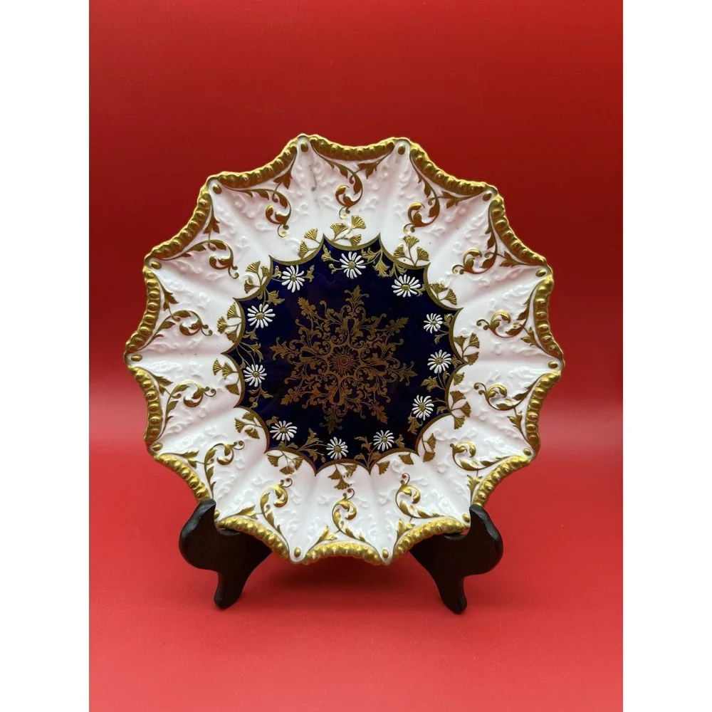 RARE Antique Cabinet Plate AYNSLEY 3528 Gold Gilded Cobalt Blue Scalloped Rim
